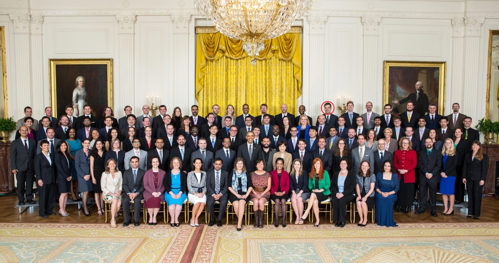 President Barack Obama joins recipients of the Presidential Early Career Award for Scientists and Engineers (PECASE) for a group photo in the East Room of the White House, May 5, 2016. (Official White House Photo by Lawrence Jackson)