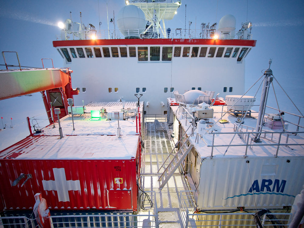 For MOSAiC, the Atmospheric Radiation Measurement (ARM) user facility deployed more than 50 instruments, including these operating from the bow of the Polarstern. Photo is by Gutsche (CC-BY 4.0).