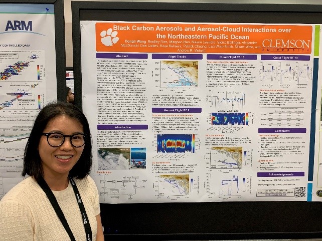 Dongli Wang, Clemson University, presents her poster on black carbon aerosol data from the Southern California Interactions of Low cloud and Land Aerosol (SCILLA) experiment.
