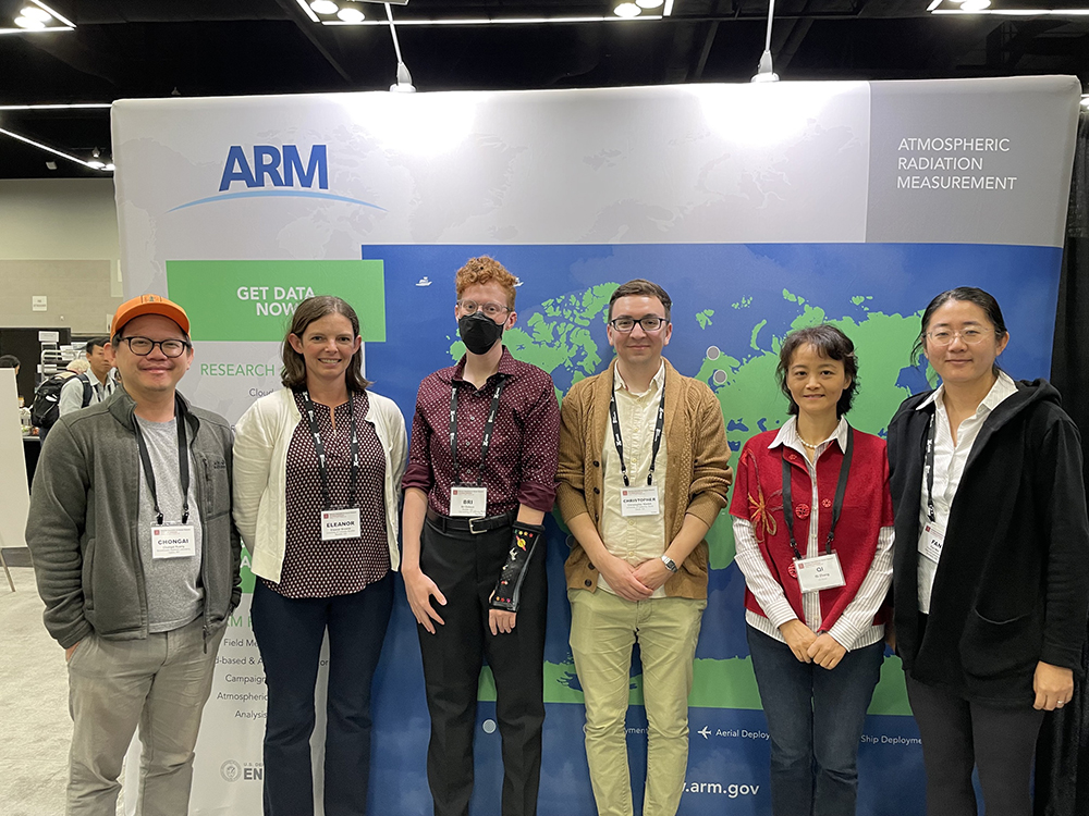 U.S. Department of Energy Office of Science Graduate Student Research (SCGSR) program award winners Bri Dobson and Christopher Niedek pose with their university advisors and SCGSR collaborating lab scientists at the 2023 American Association for Aerosol Research Conference in Portland, Oregon. From left to right are Chongai Kuang, Brookhaven National Laboratory; Eleanor Browne, assistant professor at the University of Colorado Boulder; Dobson; Niedek; Qi Zhang, professor at the University of California, Davis; and Fan Mei, Pacific Northwest National Laboratory.