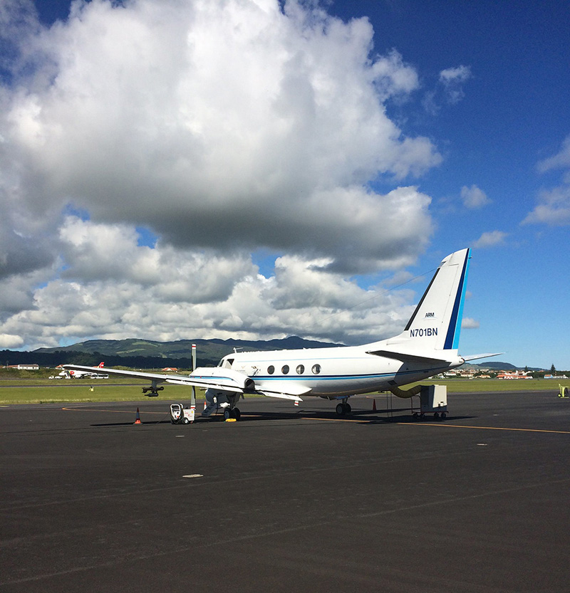 In June 2017, ARM’s Gulfstream-159 (G-1) research aircraft prepares to fly in the Azores as part of the Aerosol and Cloud Experiments in the Eastern North Atlantic (ACE-ENA) field campaign. ACE-ENA collected airborne and ground-based data on marine low clouds and aerosols during two intensive operational periods: summer 2017 (June and July) and winter 2018 (January and February).