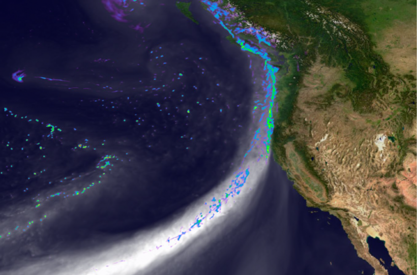 Atmospheric rivers are among the phenomena Hagos and PNNL’s Ruby Leung investigate regarding extreme precipitation events. This image shows the simulated landfall of an atmospheric river along the west coast of North America on February 11, 2020. Grey tones depict water vapor. Colors indicate precipitation intensity from blue (light rain) to green (very strong precipitation). Image courtesy of the U.S. Department of Energy Office of Science, Energy Exascale Earth System Model (E3SM) project.
