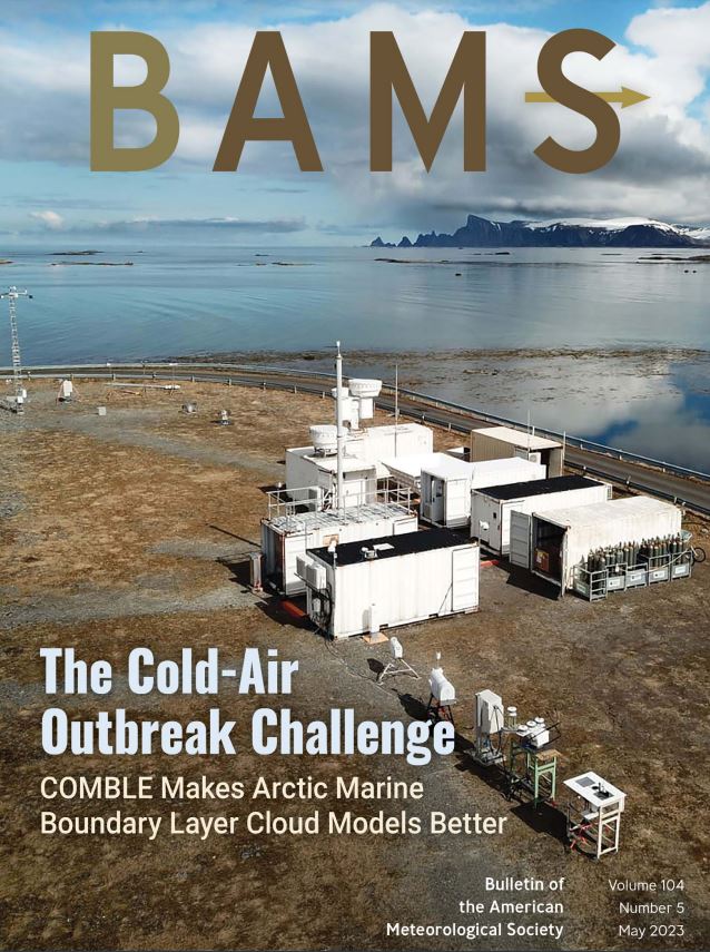 The May 2023 Bulletin of the American Meteorological Society (BAMS) cover features an ARM mobile observatory deployed in Nordmela, a fishing village on the Norwegian island of Andøya, during the Cold-Air Outbreaks in the Marine Boundary Layer Experiment (COMBLE). David Oaks of Hamelmann Communications took the 2020 photo.