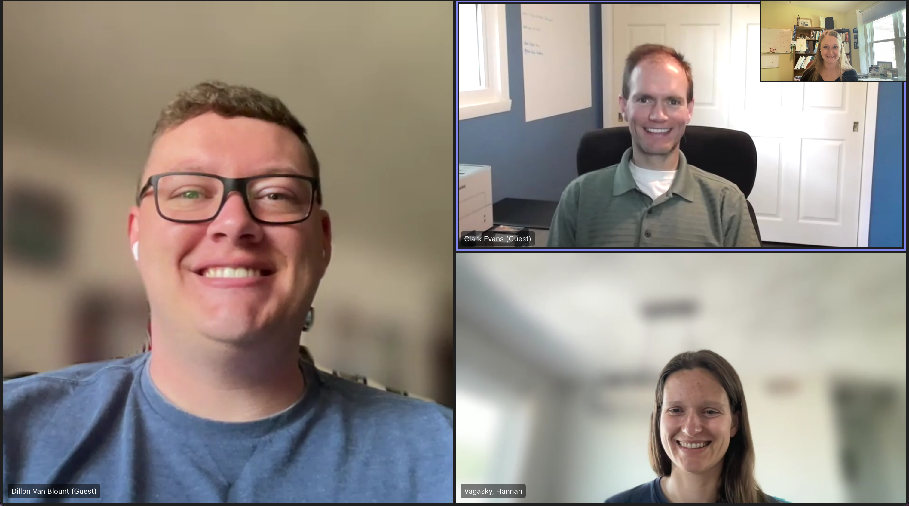 Rebecca Adams-Selin (inset, top right) hosted a June 2023 video meeting with the research group working on her 2022-2025 Atmospheric System Research project. Clockwise, from left, they are Dillon Blount, a PhD student at University of Wisconsin-Milwaukee; Clark Evans, professor at the University of Wisconsin-Milwaukee and project co-Investigator; and Hannah Vagasky, a Senior Research Associate II at Atmospheric and Environmental Research.
