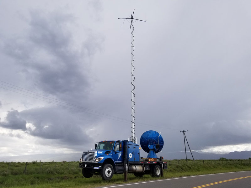 The Doppler on Wheels 7 (DOW 7) truck from the University of Illinois, Urbana-Champaign, mobile radar network scans a thunderstorm over the Sierras de Córdoba on November 29, 2018.