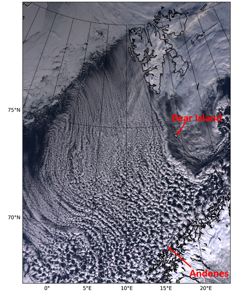 In this satellite image from high over the Norwegian Sea on March 28, 2020, a cold-air outbreak spurs the formation of “cloud streets.” As these broken cloud decks stream southward, they evolve into cellular patterns. In red are the two instrument locations during the Cold-Air Outbreaks in the Marine Boundary Layer Experiment (COMBLE).