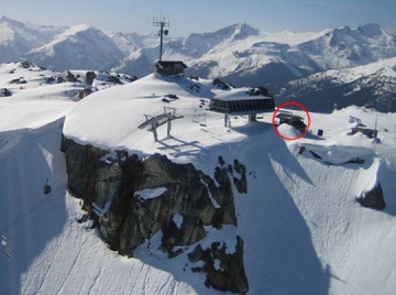 On the peak of Whistler Mountain in British Columbia, Environment Canada maintains a high-elevation research site (circled in red). This image was used in a blog from the Bertram Group at the University of British Columbia, where Knopf was a postdoctoral researcher. 