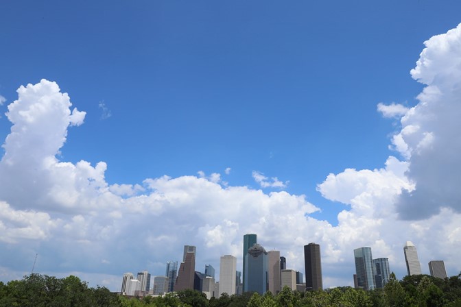 During TRACER, this July 2022 skyline of Houston illustrates a cloud-dominated sky. 