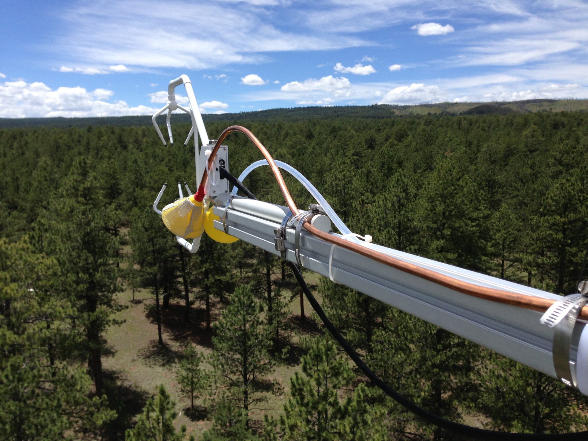 Instrumentation inlets and the view from the top of the tower at the Manitou Experimental Forest Observatory near Woodland Park, Colorado. 