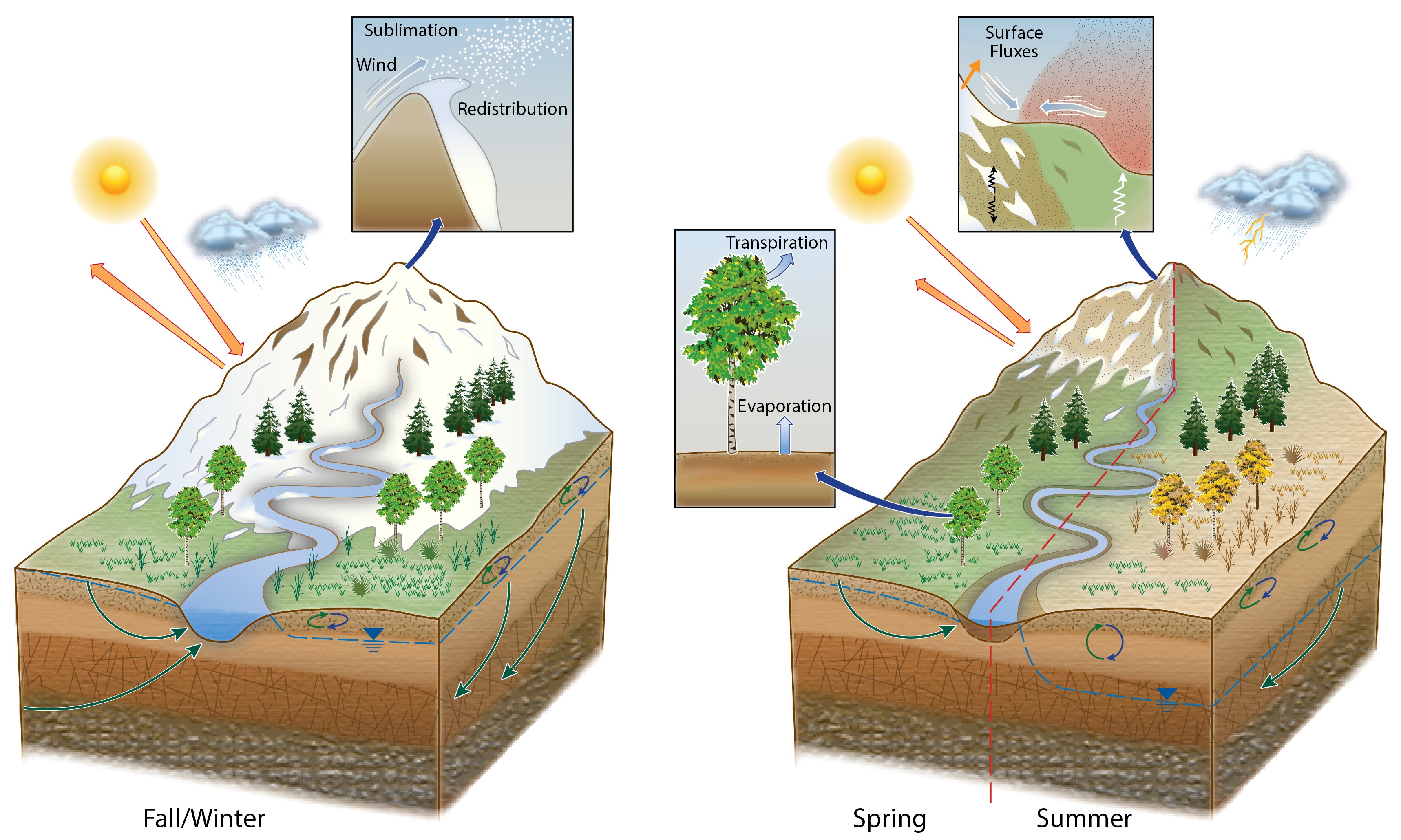 Figure 1 from the 2021 SAIL science plan shows the dominant atmospheric and surface processes and their interseasonal variability in mid-latitude continental interior mountain watersheds, all of which impact hydrology. During fall and winter, the dominant processes include precipitation, radiation, snow sublimation, and wind redistribution. During spring and summer, the dominant processes include evapotranspiration, radiation including dust-on-snow and surface heating, advective flows, and convection. 