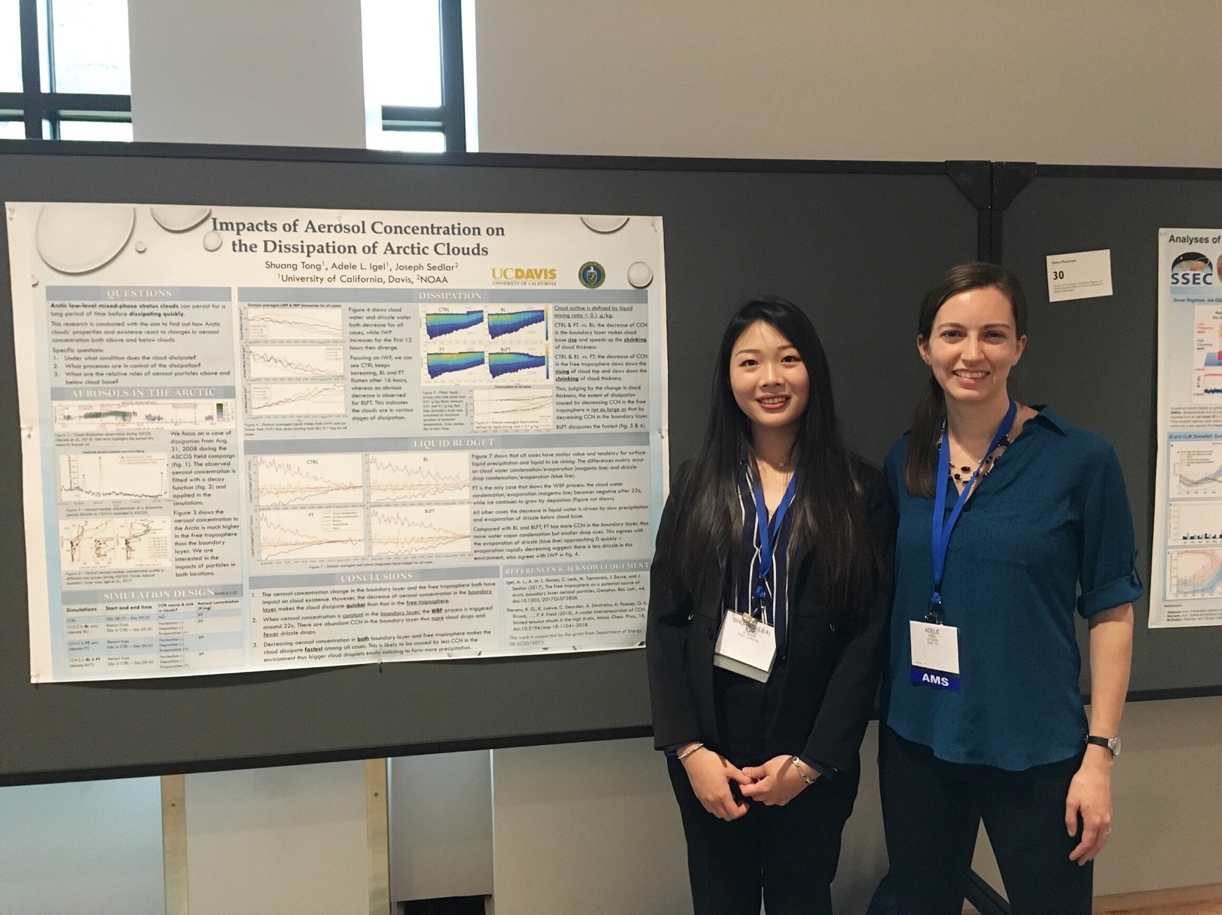 Adele Igel, at right, poses with former student Shuang (Lea) Tong at the American Meteorological Society’s Polar Meteorology and Oceanography meeting in 2019. Tong’s poster, pictured, presented the first results from Igel’s ASR project. 