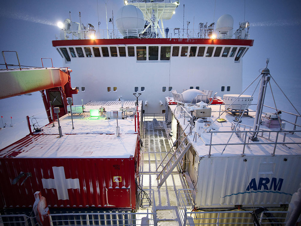 On March 8, 2020, ARM instruments and containers are pictured aboard the R/V Polarstern as part of the Multidisciplinary Drifting Observatory for the Study of Arctic Climate (MOSAiC) expedition. ARM MOSAiC data contributed to a recent study in Nature Communications. Photo is by Michael Gutsche, Alfred Wegener Institute.