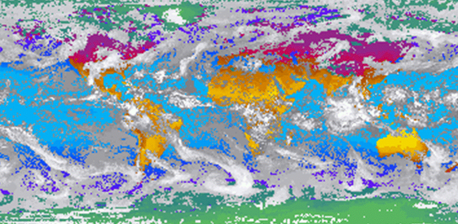 This snapshot of global clouds is from the First ISCCP Regional Experiment, the NASA-run U.S. contribution to the International Satellite Cloud Climatology Project (ISCCP). ISCCP was intended to provide the first systematic picture of global cloud behavior. In its very early days, ARM took part. So did Mace, who was a graduate student at Penn State.