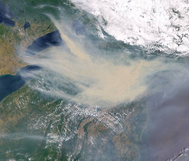 Zawadowicz uses images from the European Organisation for the Exploitation of Meteorological Satellites (EUMETSAT). This image from the EUMETSAT Sentinel-3 satellite shows how wildfire smoke and anthropogenic emissions mix with local marine biogenic sources to influence cloud formation. 