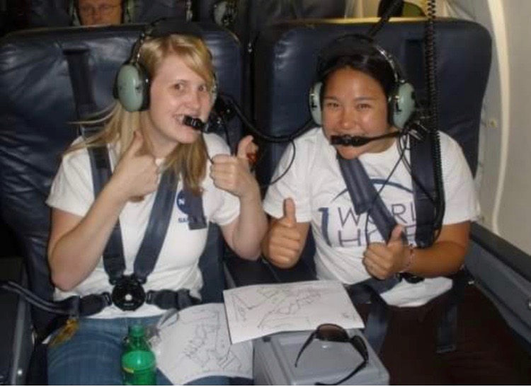 In 2009, McCluskey, right, is ready for takeoff on the NASA DC-8 during the Student Airborne Research Program. To her right is fellow student Jennifer DeHart, now a research scientist at Colorado State University. 