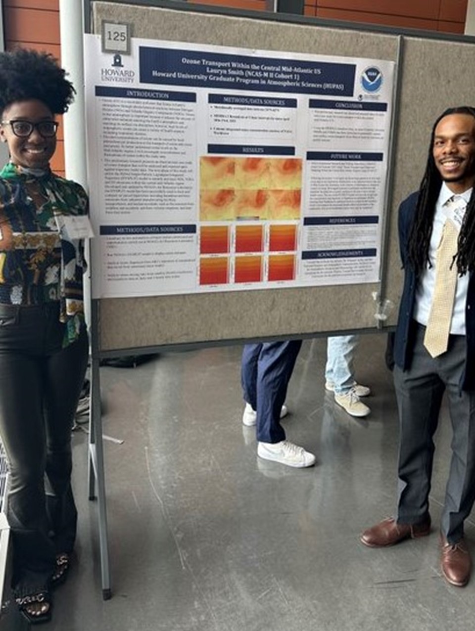In the spring of 2023, Ajoku (at right) poses with graduate student Lauryn Smith, an advisee in Howard University’s atmospheric science master’s degree program. Photo courtesy of Ajoku.