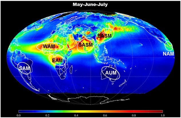 From a 2016 paper led by Li on aerosol and monsoon climate interactions over Asia, a schematic shows the mutual influences between aerosols and the major monsoon systems of the world. The color background denotes aerosol loading, while the circles denote regions dominated by the different monsoon systems.