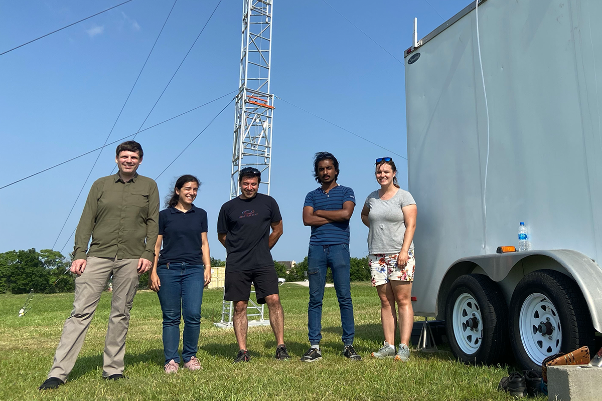 Petters, far left, poses for a picture in the spring of 2022 in La Porte, Texas, where his team executed a field campaign called Particle Flux Measurements during TRACER. Next to him, from left, are postdoc Sabin Kasparoglu, Professor Nicholas Meskhisze (TRACER-PFM co-principal investigator), and graduate students Ajmal Rasheeda Satheesh and Beth Sutherland. Photo courtesy of Petters. 