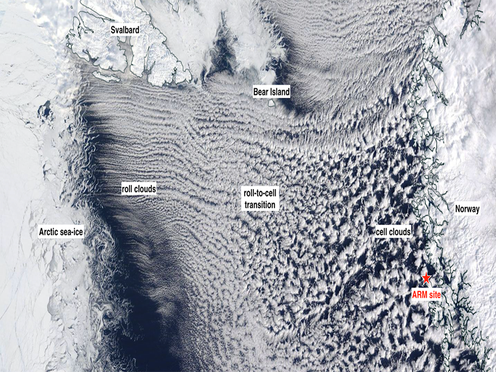 In the spring of 2024, Petters joins other scientists in the Cold Air Outbreak Experiment in the Sub-Arctic region (CAESAR), an aerial research campaign studying cold air sweeping from the Arctic’s ice edge over open water, creating climate-critical, cloud-forming cold air outbreaks. The satellite image is from ARM's 2019-2020 Cold-Air Outbreak in Marine Boundary Layer Experiment (COMBLE).