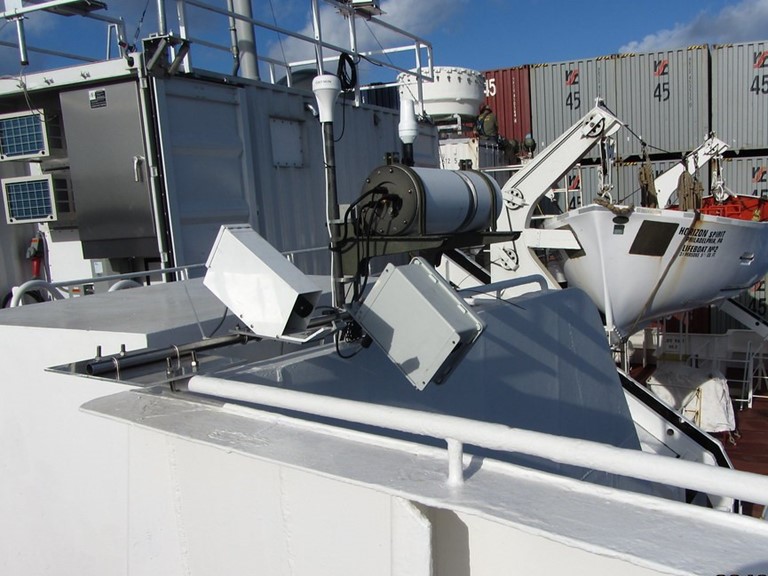 A few ARM field campaigns preceded EPCAPE by taking a grander, wider view of marine clouds in the northeastern Pacific. Above, ARM instruments aboard the container ship Spirit, the sea-going platform for the Marine ARM GPCI Investigation of Clouds (MAGIC) campaign in 2012 and 2013.