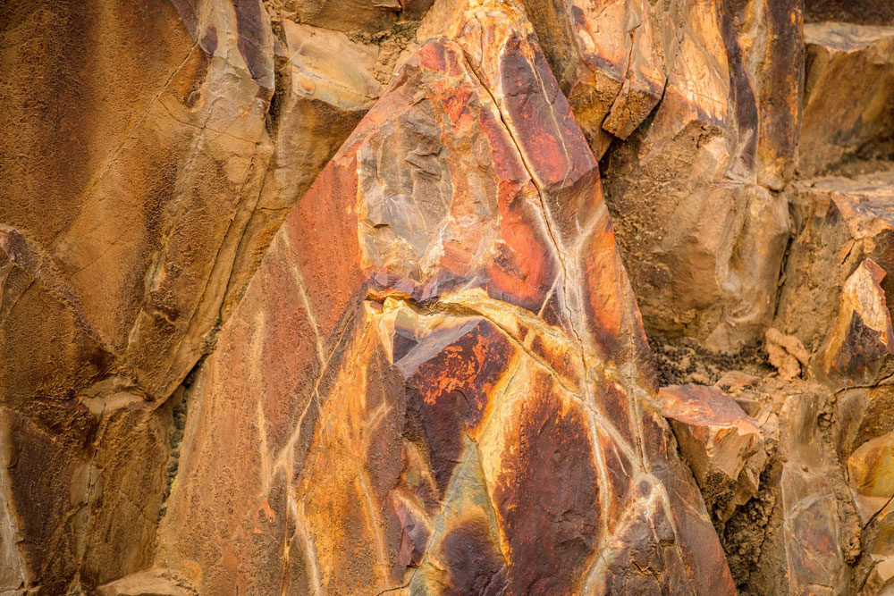The geologic diversity of bedrock in the East River Watershed is evident in this view of a mineralized rock outcropping rich in heavy metals, such as iron, copper, cadmium, lead, and zinc. Photo is by Snyder.