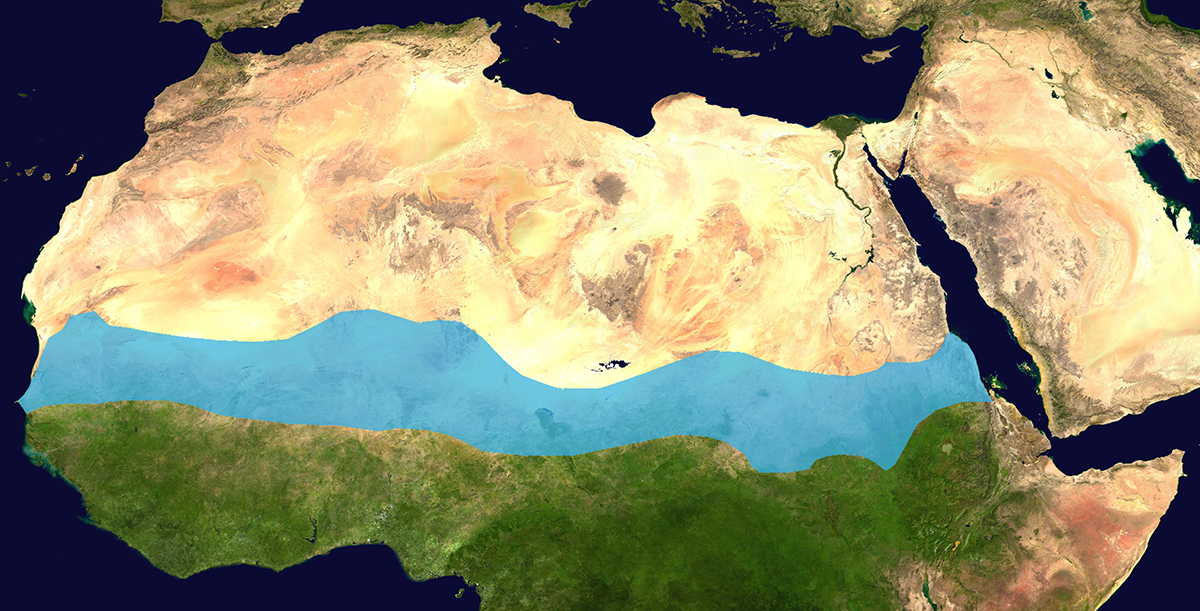 In this Wikimedia Commons image, the Sahel appears as a blue band stretching from the Atlantic Ocean in the west to the Red Sea in the east. 