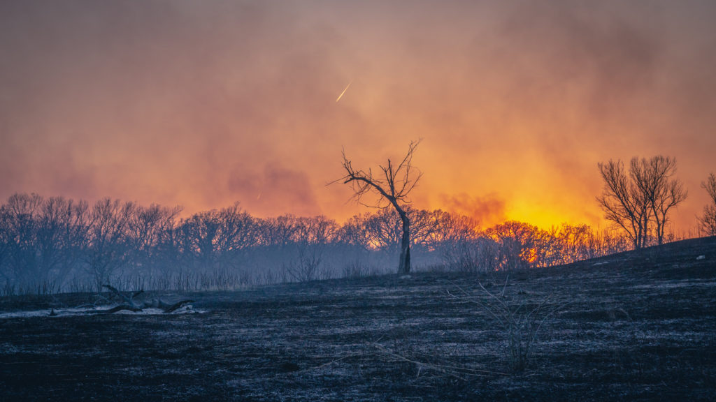 The sun sets over a prescribed burn at the Konza Prairie Biological Station in the Flint Hills of Kansas. 