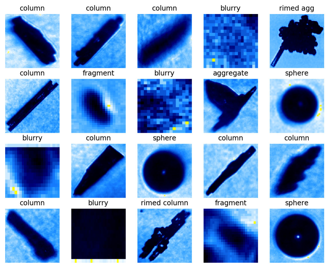 A gallery showing a variety of shapes from the Classification of Cloud Particle Imagery and Thermodynamics project. 
