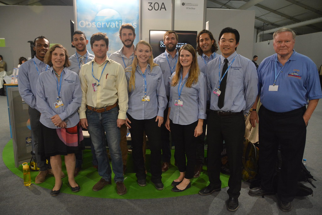 Ajoku, far left, was among representatives from Scripps Oceanography attending the 22nd annual Conference of the Parties (COP 22) in 2016 in Morocco. From left to right, the others are Lisa Levin, Rishi Sula, Todd Martz, Wes Neeley, Natalya Gallo, Travis Schramek, Brittany Hook, Yassir Eddebbar, Kirk Sato, and Charlie Kennel. In the following two years Ajoku attended COPS conferences in Germany and Poland. Photo courtesy of Scripps.