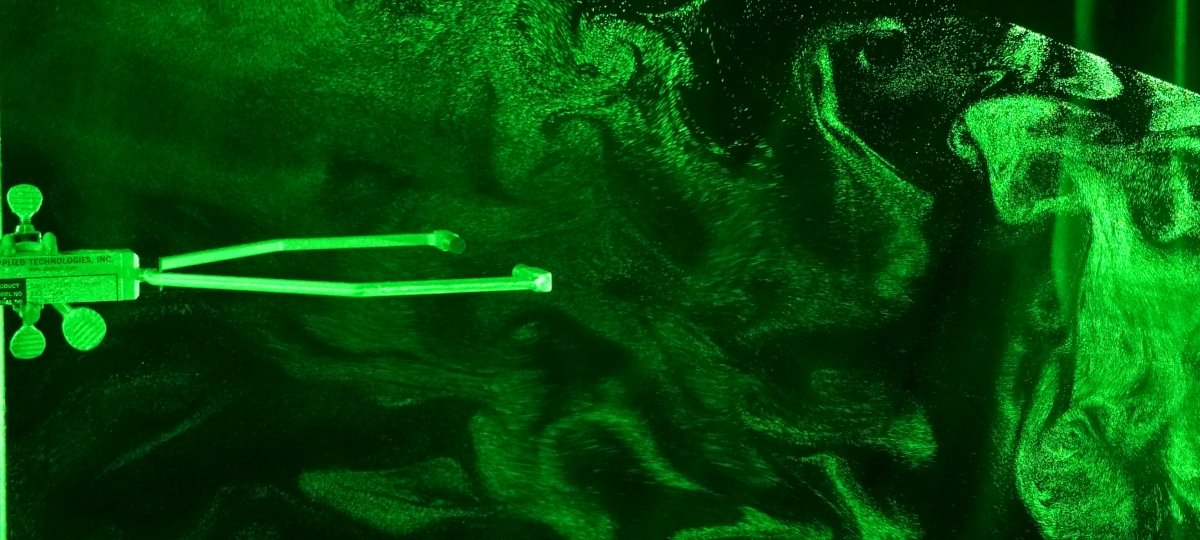 A view of turbulence inside MTU’s Pi Cloud Chamber, which can be seeded with aerosols to generate a cloud. The device at left is a sonic anemometer. Photo is courtesy of Michigan Technological University.