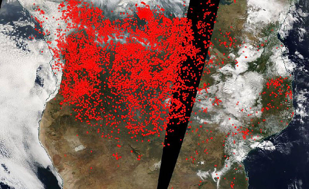 A NASA satellite map of fire locations in Africa, many from intentional biomass burning on farms. 