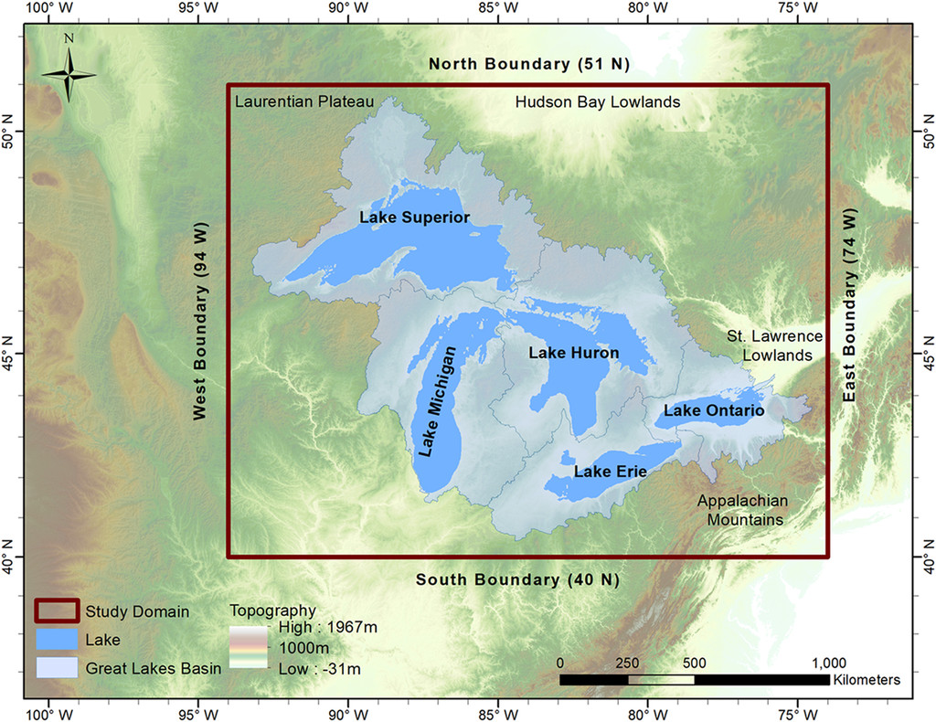 The study domain and topographic features of the Laurentian Great Lakes region. The box outlined in red represents the hydrologic basins of the five Great Lakes, a vast outdoor laboratory for Steiner and her modeling work. Figure is courtesy of the Journal of Climate.