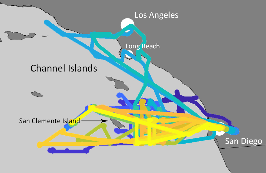 Scientists conducted 21 research flights during SCILLA. Many focused on an area west of San Diego in the vicinity of San Clemente Island. On days with limited cloud cover, the SCILLA team conducted aerosol-focused flights targeting outflow regions west of Los Angeles. This figure shows most of the flight tracks. Blue shades indicate flights earlier in the campaign, and warmer colors are toward the end. Flight track map is courtesy of Mikael Witte, Naval Postgraduate School.