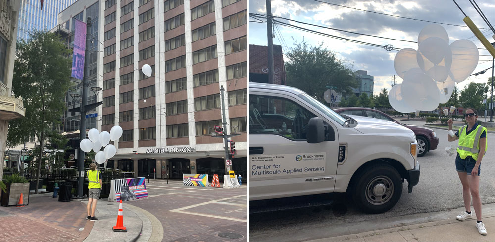 Left: Zackary Mages, a PhD student at Stony Brook University, helped release the mini radiosonde balloons as the research team trekked across downtown Houston. Right: Lamer held and manually released 16 mini radiosonde balloons that relayed data back to the CMAS mobile observatory. Photos are courtesy of Lamer. 