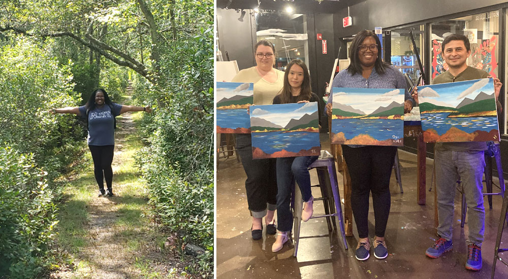 Enekwizu exploring Connetquot State Park (left) and showing off her painting prowess with Brookhaven colleagues Maria Zawadowicz, Tamanna Subba, and Ashish Singh at Muse Paint Bar in Port Jefferson (right). 