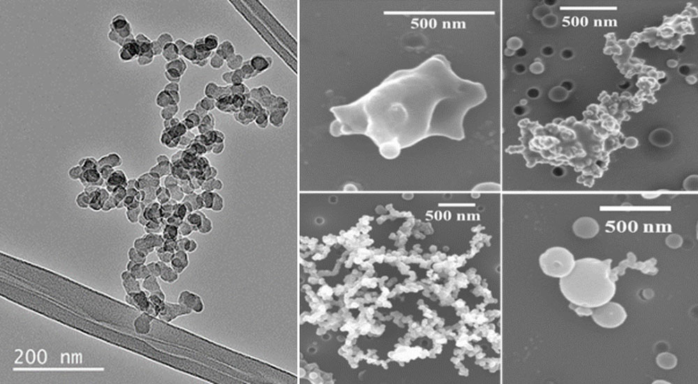 Scanning electron microscope images of an uncoated soot particle (left) revealing the aggregate structure made up of many tiny spheres, and four different coated soot particles (right) showing variations in coating thickness. 